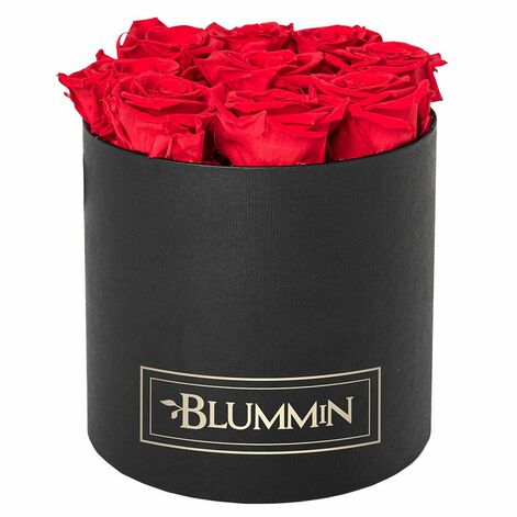 MEDIUM BLUMMiN - black box with 9 VIBRANT RED roses, sleeping roses